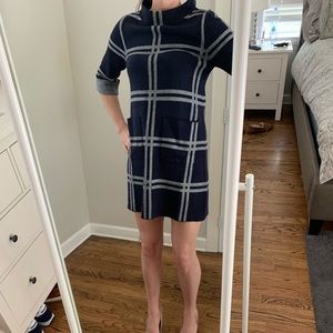 Navy blue and white plaid sweater dress